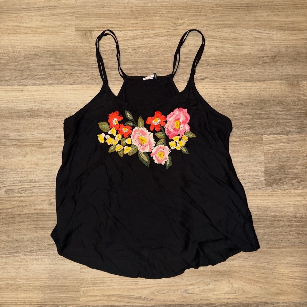 Akemi + Kin Anthropologie‎ Tank Top Womens Large Black Floral Embroidered
